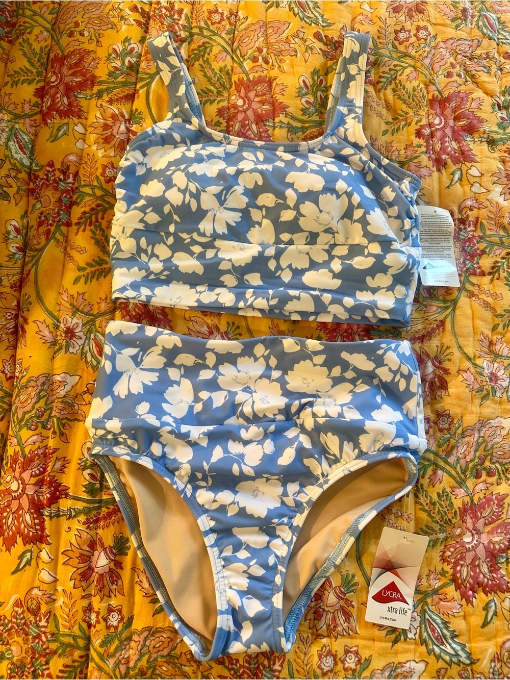 Lands' End Blue and Cream Floral Swim Set